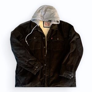 Levi's Corduroy Jacket Coat Hipster Preppy Sherpa Black Hood Button Adult Lg EUC